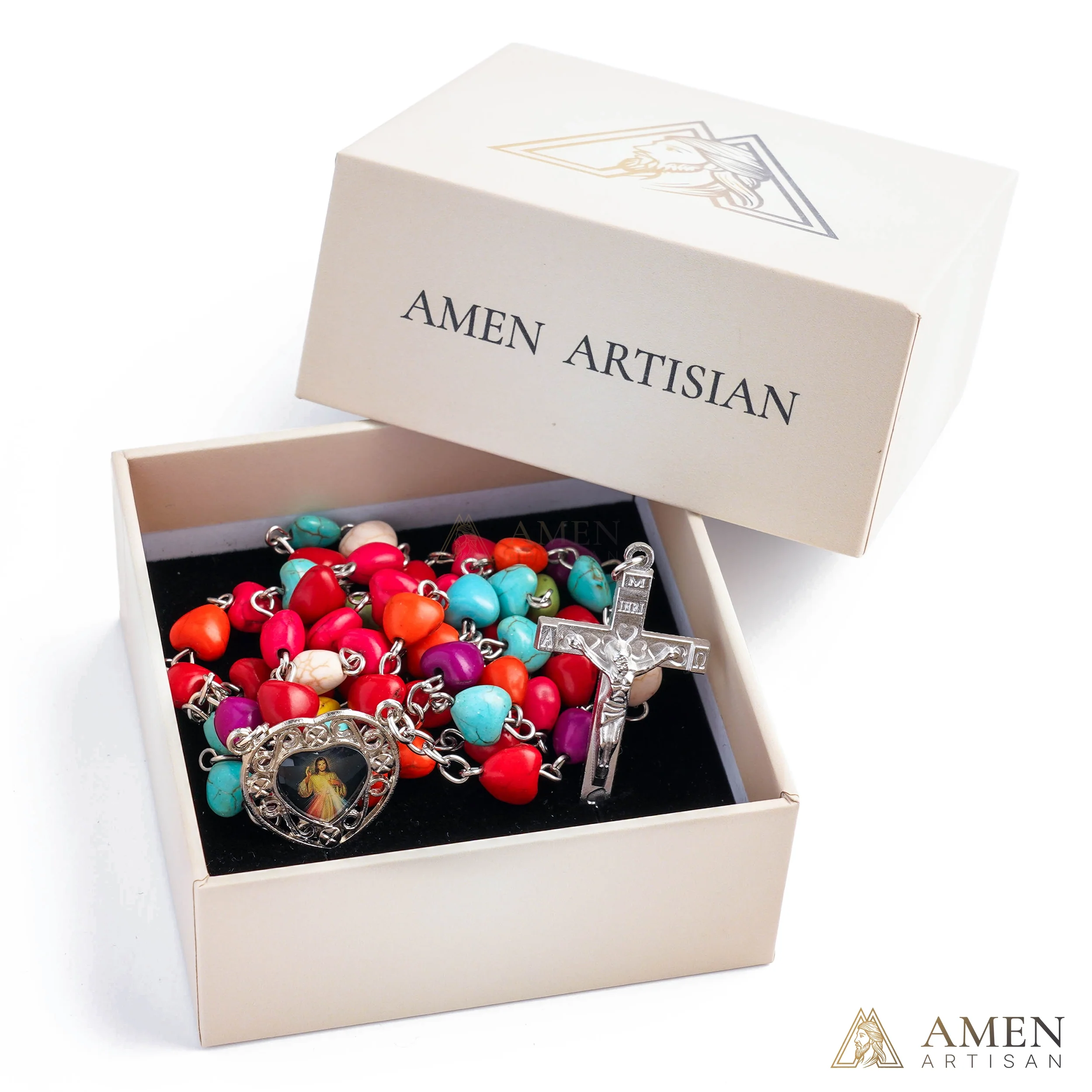 Multicolor Turquoise Heart Rosary Amen Artisan - Image 5