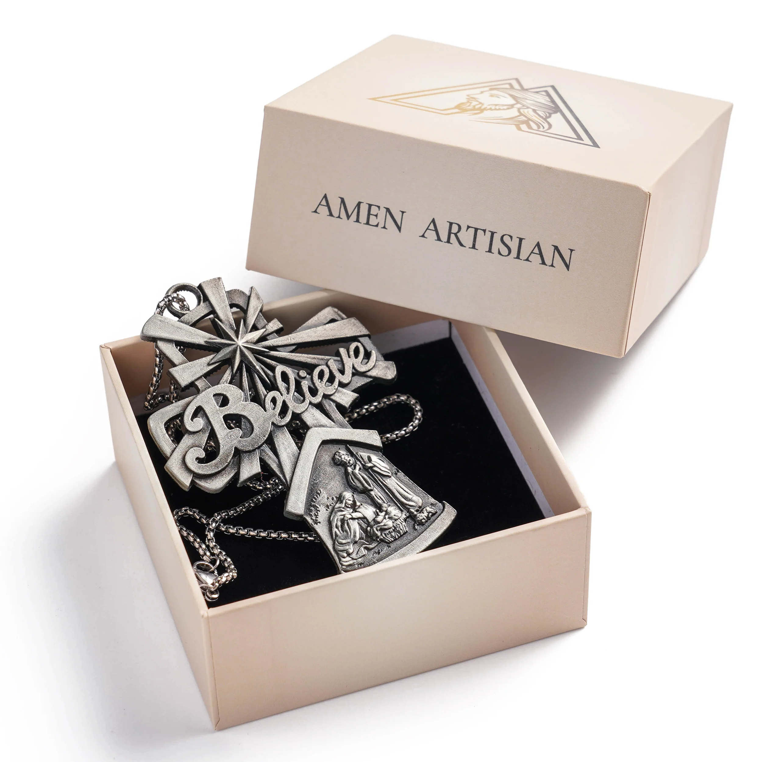 Premium Titanium Steel Nativity Ornament with Chain & Gift Box – 7 cm / 2.75" - Image 16