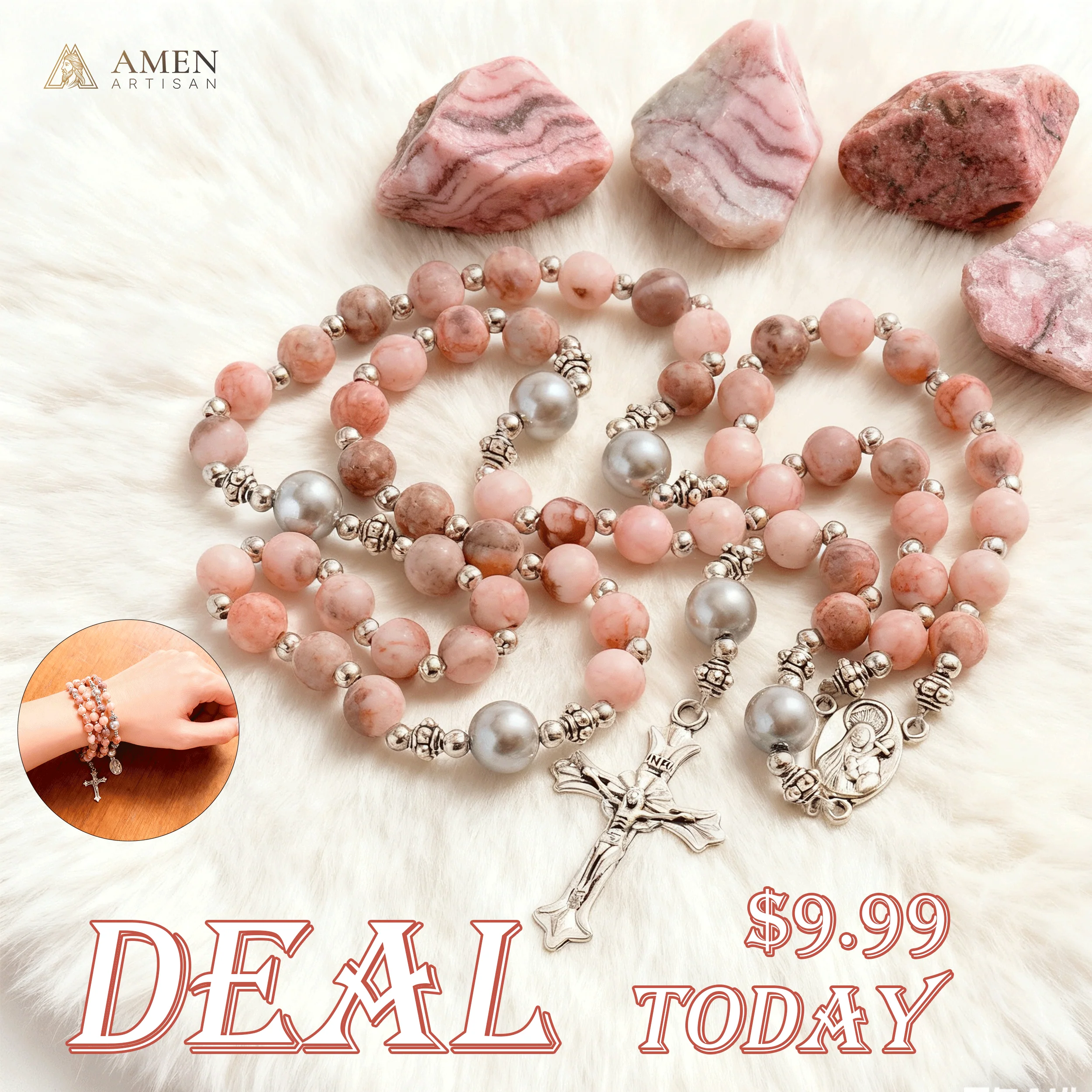 【Deal Today】Natural Pink Zebra Jasper Rosary - Image 5