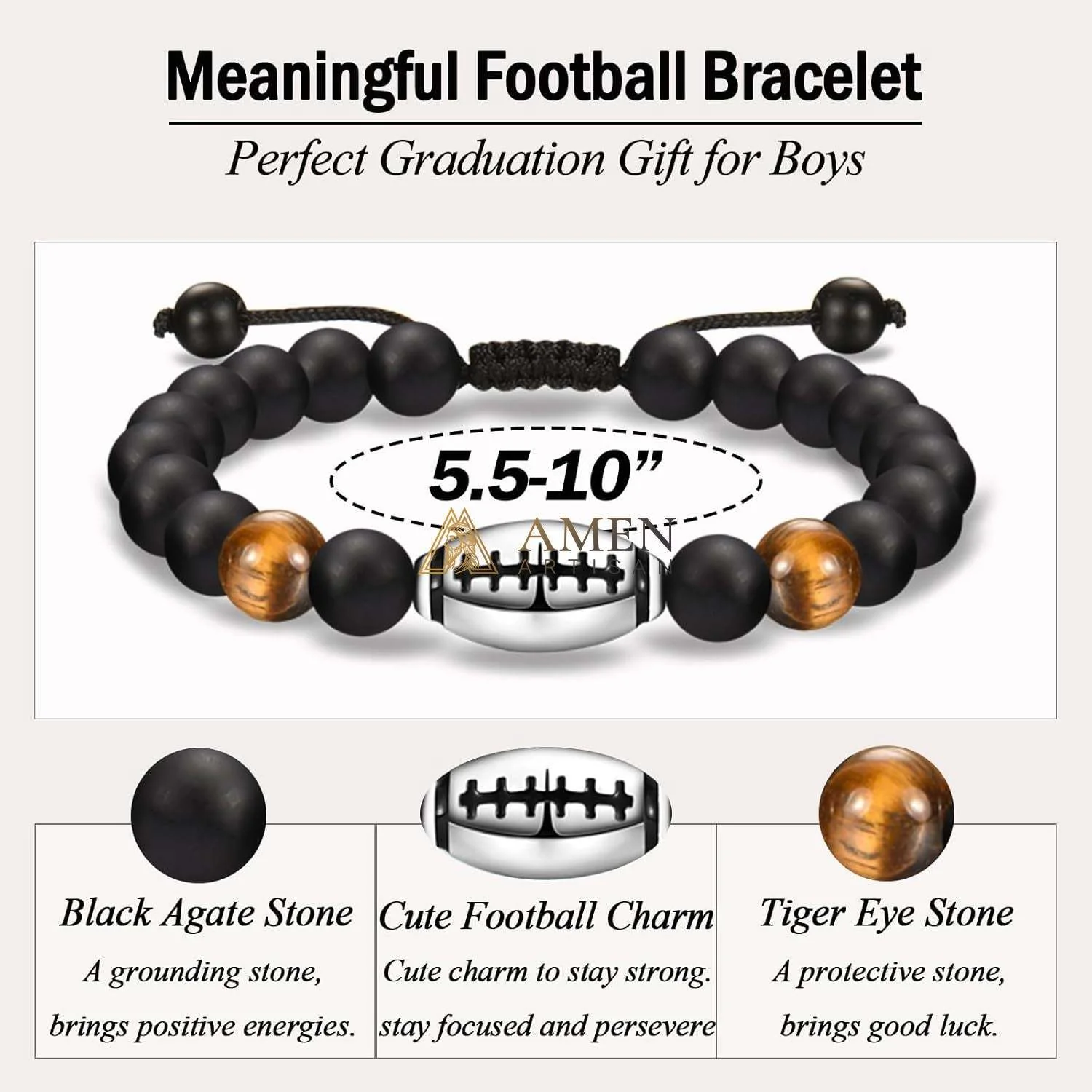 Natural Stone Bead Football Braided Bracelet Amen Artisan - Image 3
