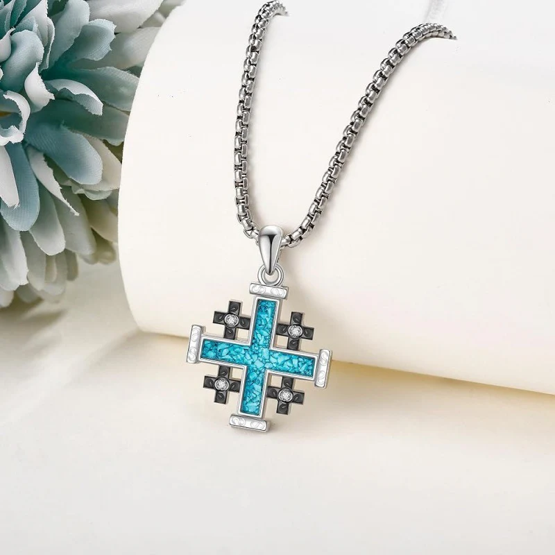 Natural Turquoise Diamond Jerusalem Cross Necklace Amen Artisan - Image 3