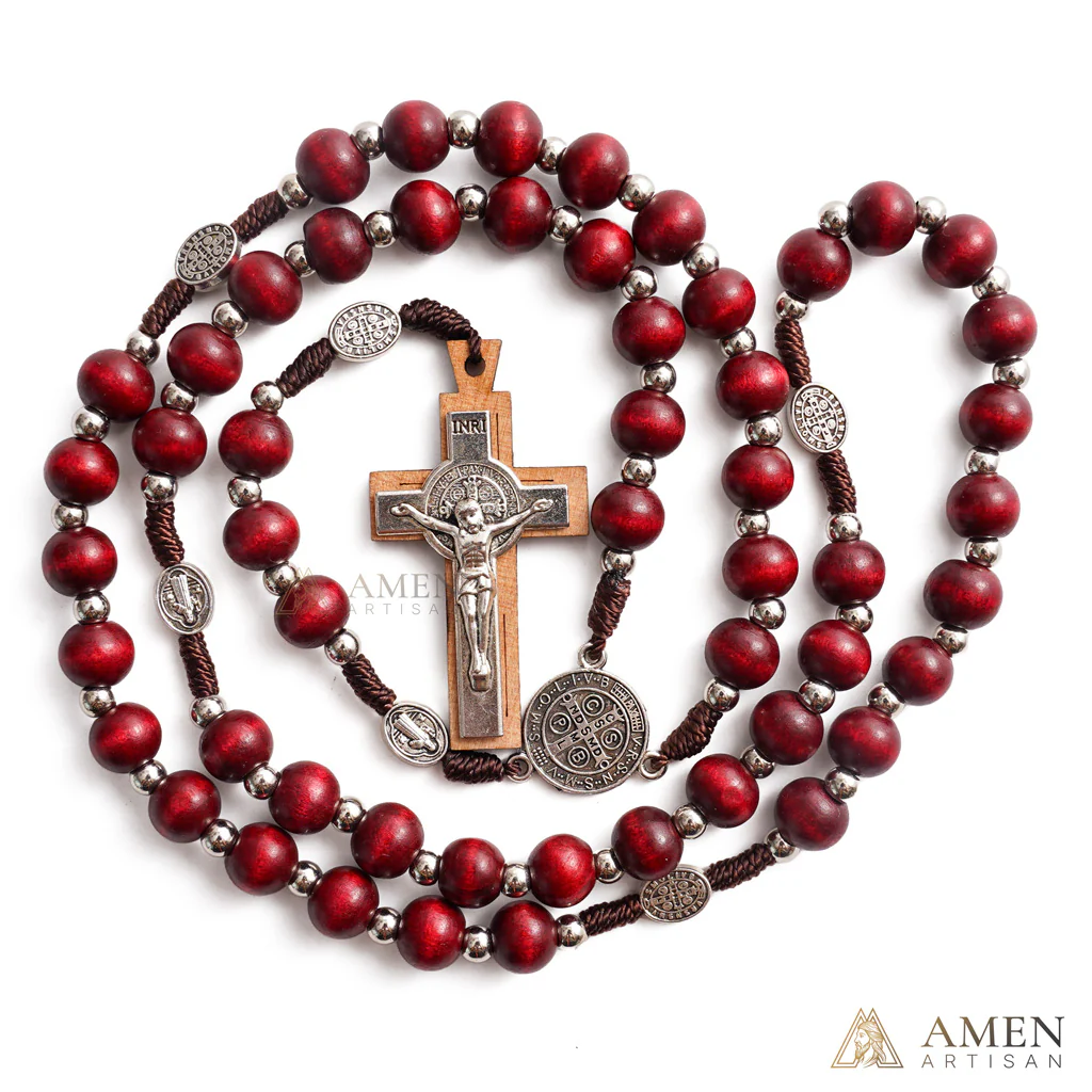 Natural Wood Rosary Beads Necklace with Crucifix - Devotion & Blessing | Amen Artisan