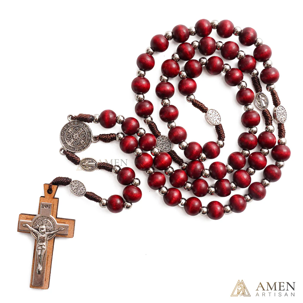 Natural Wood Rosary Beads Necklace with Crucifix - Devotion & Blessing | Amen Artisan - Image 3