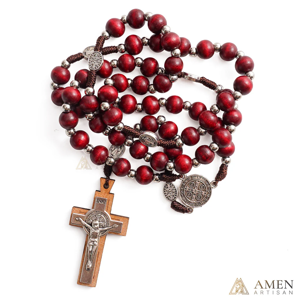 Natural Wood Rosary Beads Necklace with Crucifix - Devotion & Blessing | Amen Artisan - Image 4