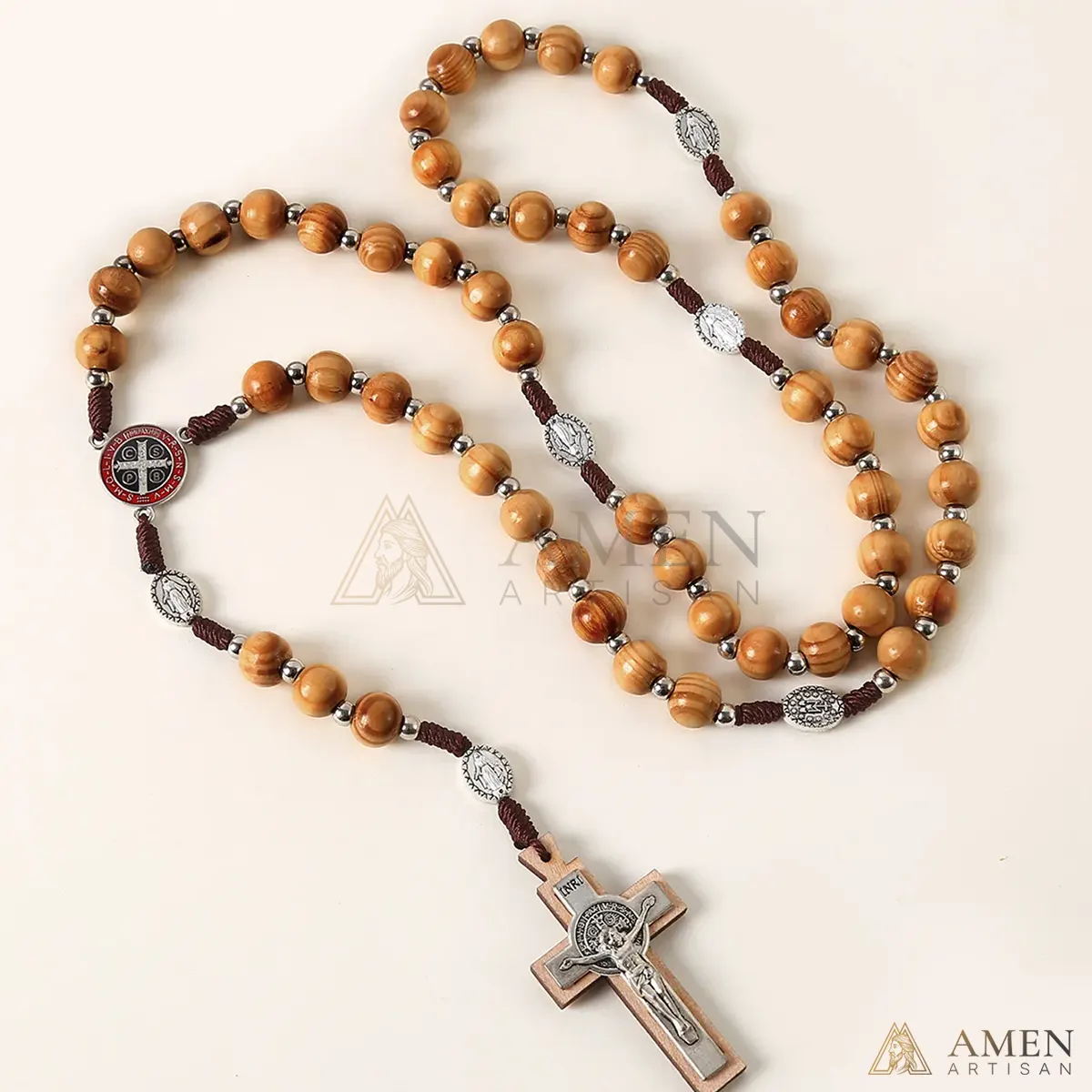 Nature Wood Saint Benedict Medal Rosary