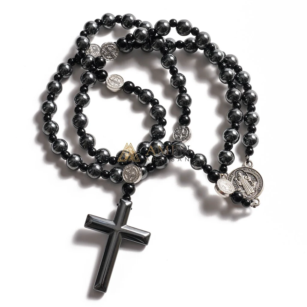 Black Obsidian St. Benedict Medal Prayer Beads Amen Artisan - Image 2