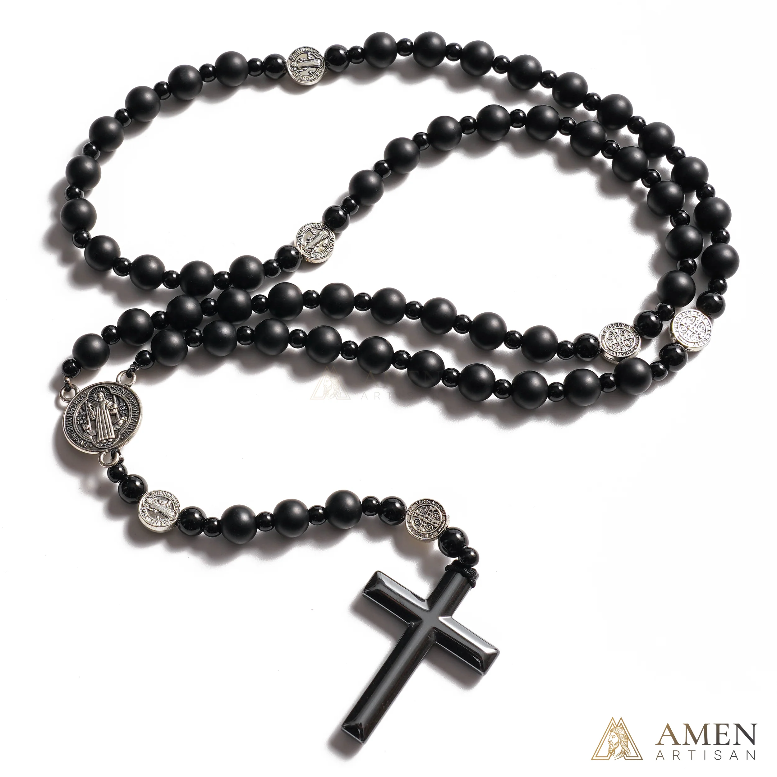 Black Agate St. Benedict Medal Prayer Beads Amen Artisan - Image 2