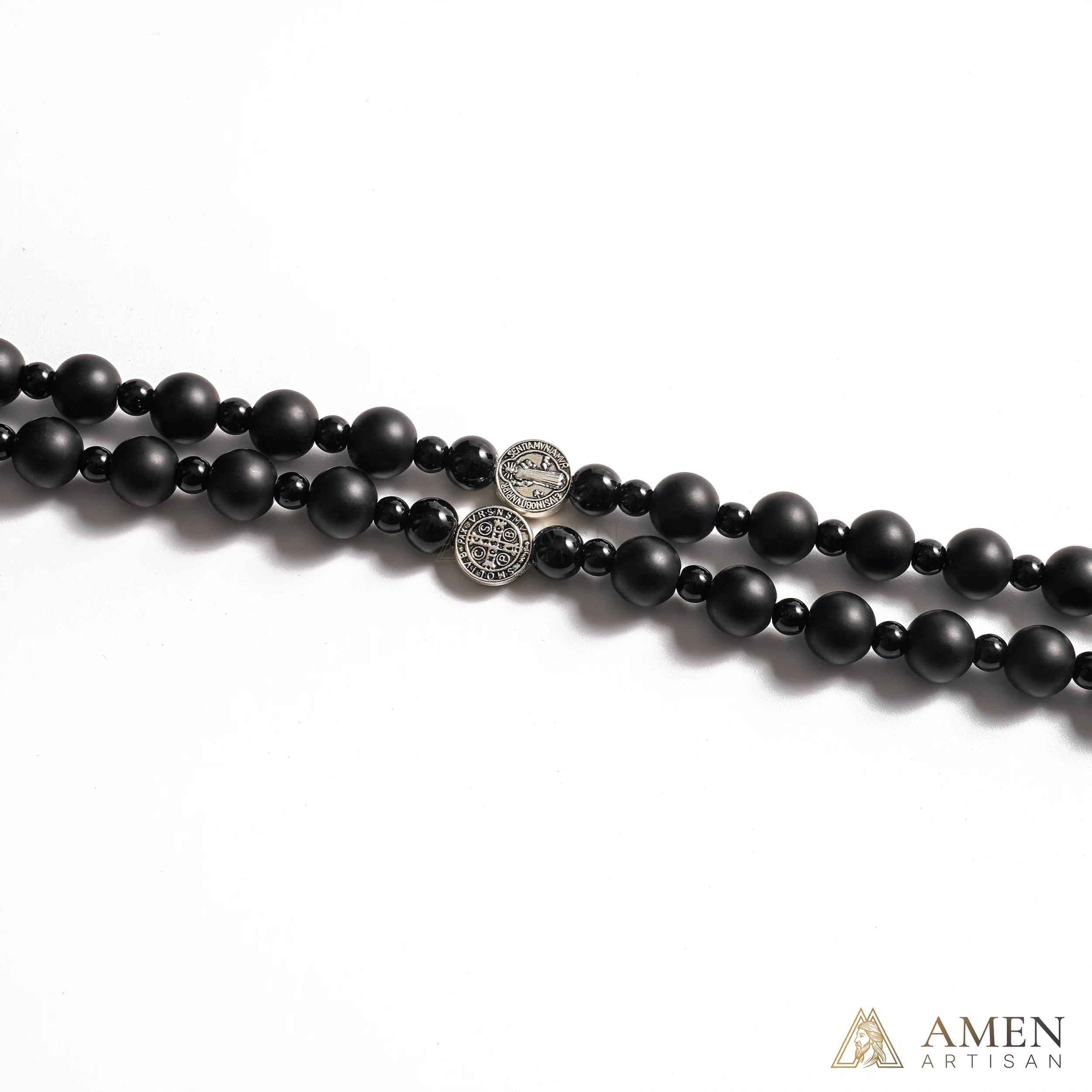 Black Agate St. Benedict Medal Prayer Beads Amen Artisan - Image 3