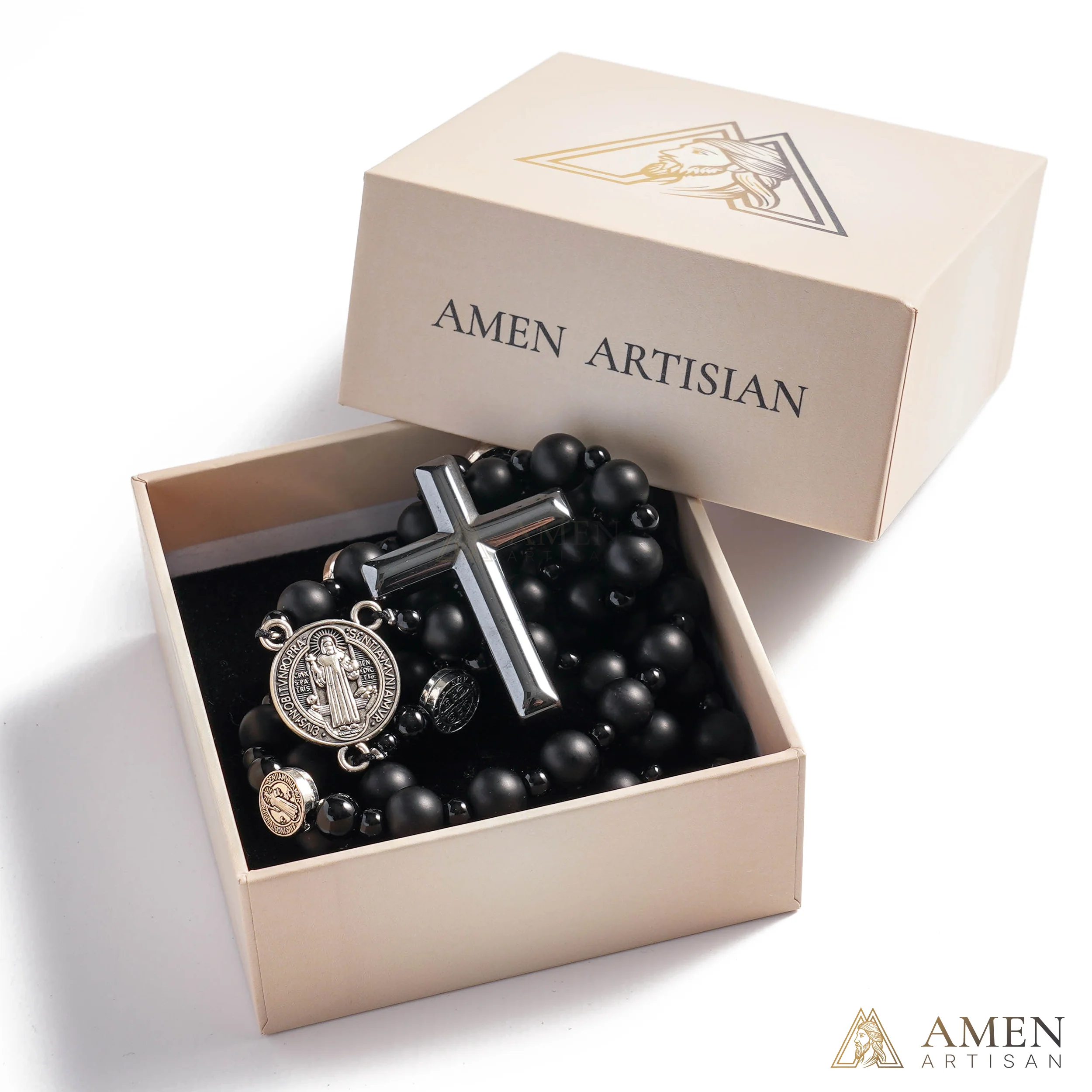 Black Agate St. Benedict Medal Prayer Beads Amen Artisan - Image 4