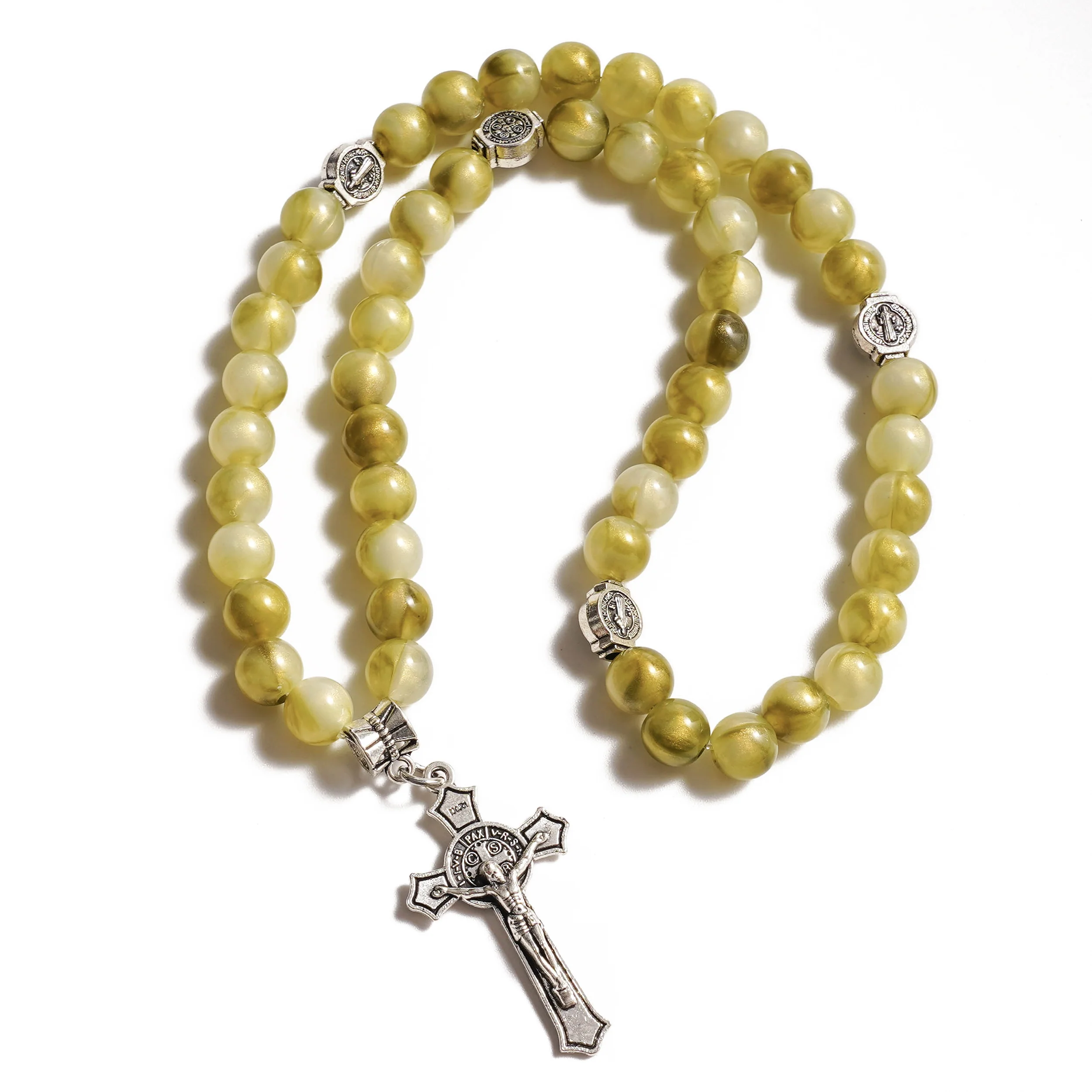Olive Green Bead Stretch Rosary Bracelet with Cross Charm - Renewal, Comfort & Blessing |  Amen Artisan - Image 2