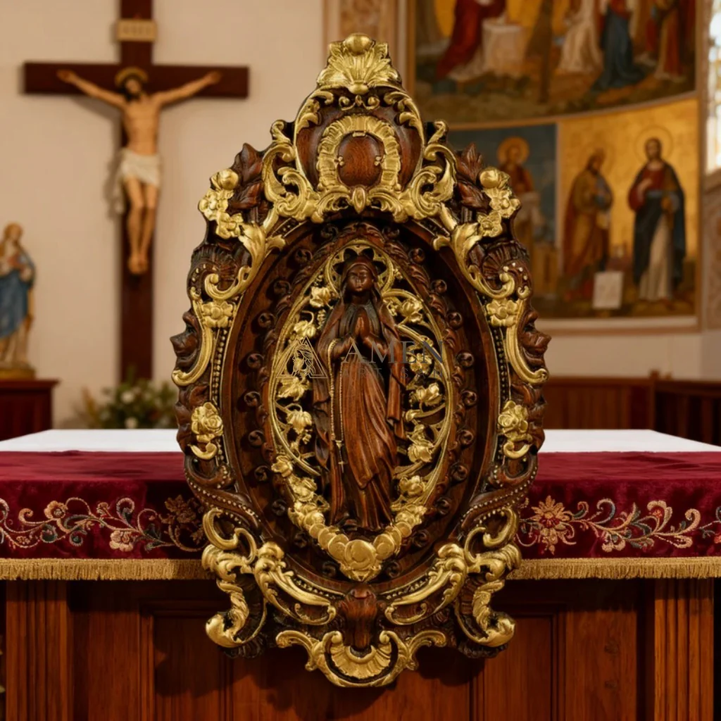 Our Lady in Prayer Wood Carving Amen Artisan - Image 7