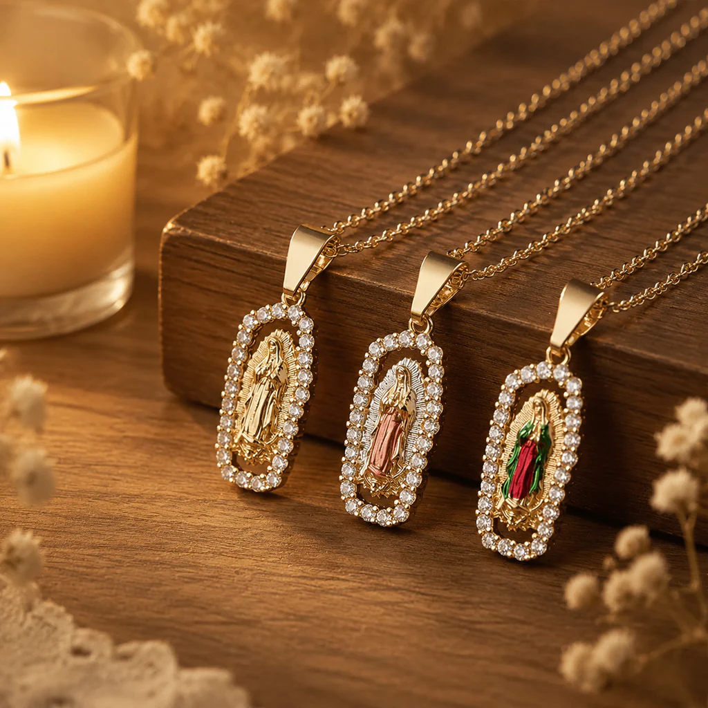 Our Lady Medal Necklace with Rhinestone Frame — Grace - Image 2