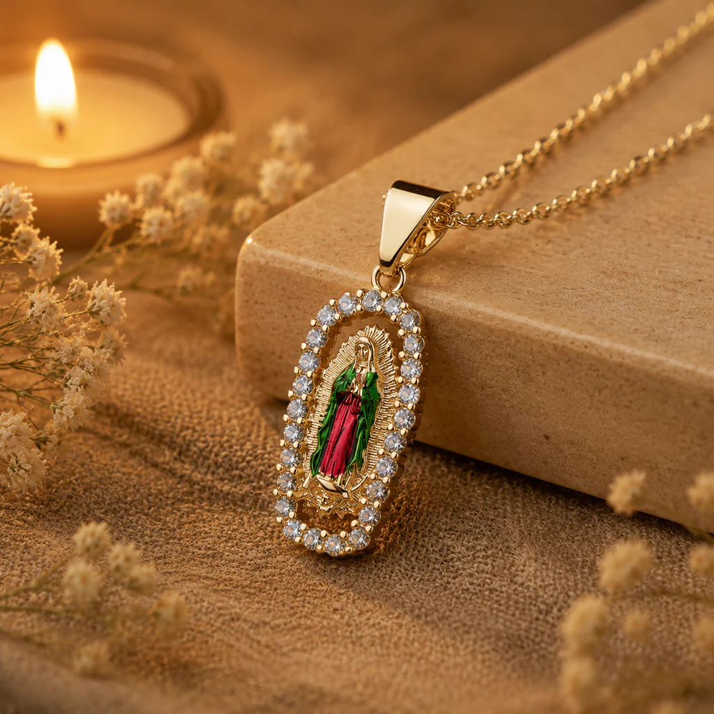 Our Lady Medal Necklace with Rhinestone Frame — Grace - Image 3