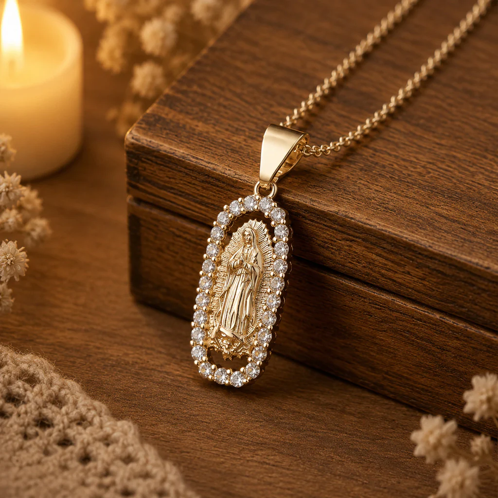 Our Lady Medal Necklace with Rhinestone Frame — Grace - Image 4