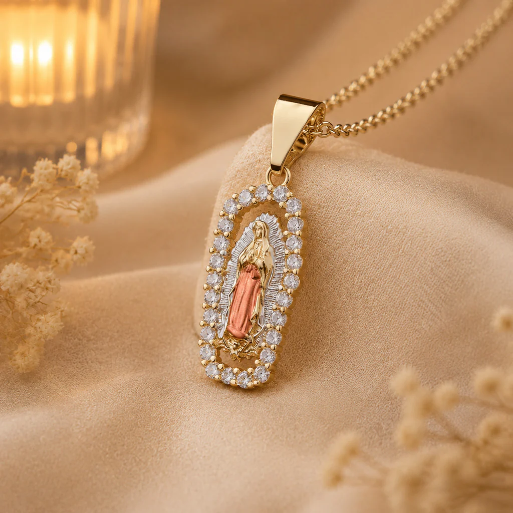 Our Lady Medal Necklace with Rhinestone Frame — Grace - Image 5