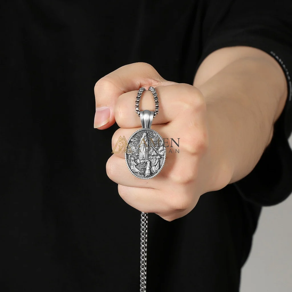 Our Lady of Fatima Apparition Oval Pendant Necklace Amen Artisan - Image 3