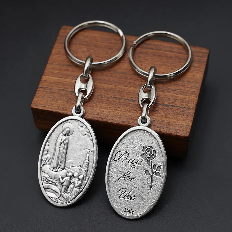 Our Lady of Fátima Keychain—Zinc alloy. Vintage grey Amen Artisan - Image 2