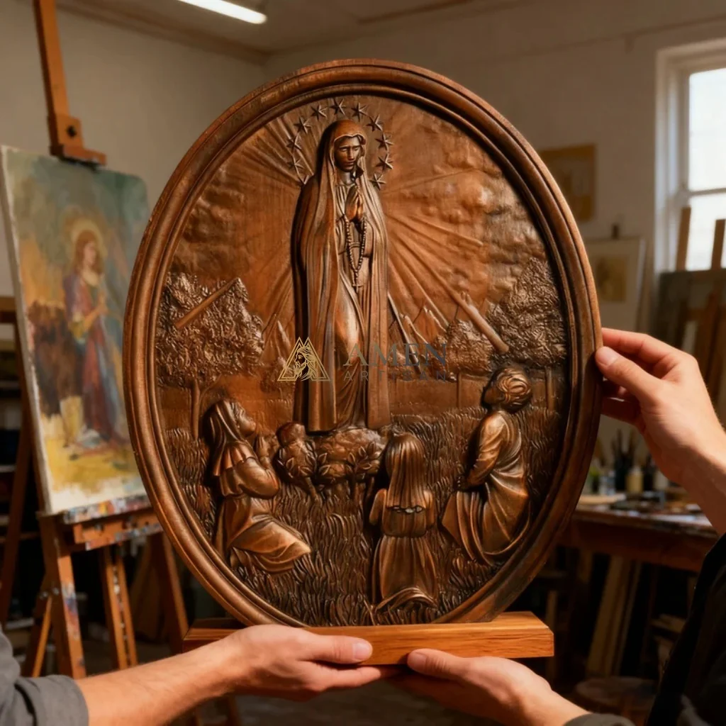 Our Lady of Fatima Wooden Statue Amen Artisan - Image 5