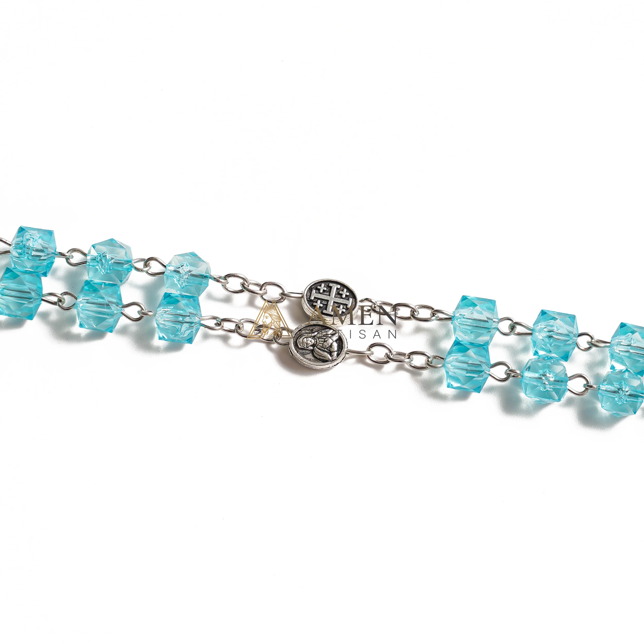 Our Lady of Guadalupe Rosary – Shimmering Aquamarine Faceted Beads with Jerusalem Cross Spacers – Sacred Catholic Prayer Beads Gift - Image 3