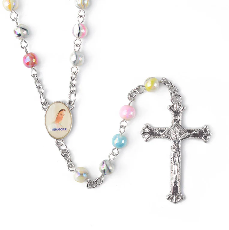 Our Lady of Lourdes Colorful Ceramic Beads Cross Pendant Rosary - Image 2