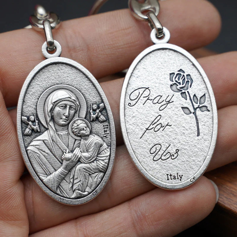 Our Lady of Perpetual Help Keychain—Zinc alloy. Vintage grey Amen Artisan - Image 2