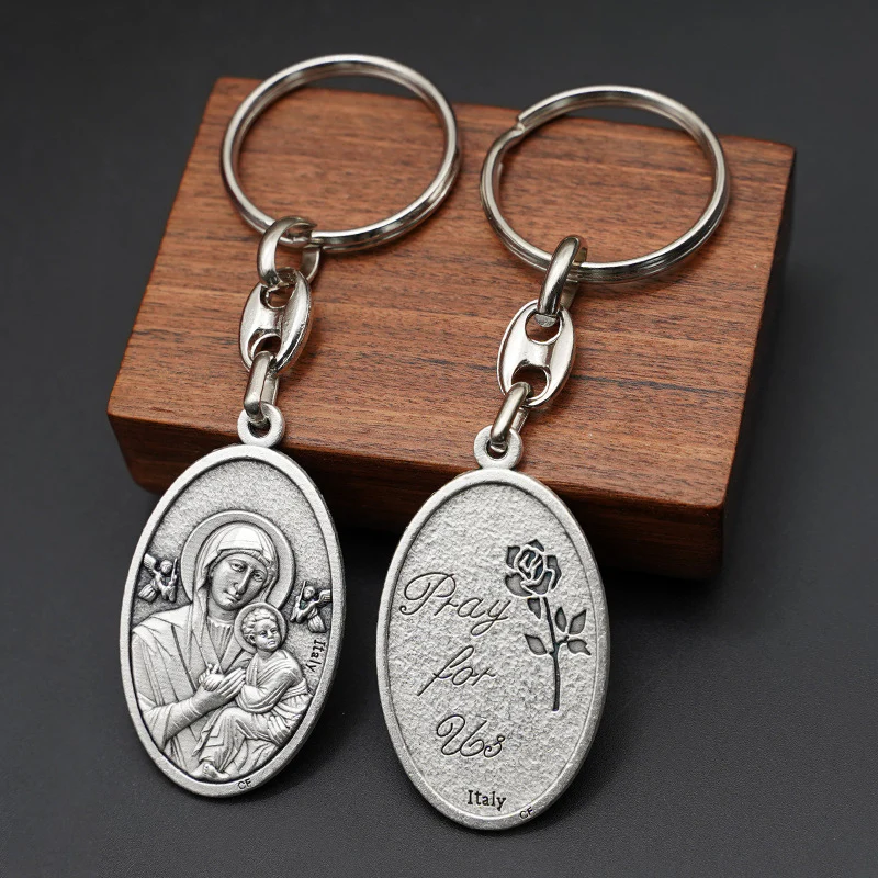 Our Lady of Perpetual Help Keychain—Zinc alloy. Vintage grey Amen Artisan - Image 3