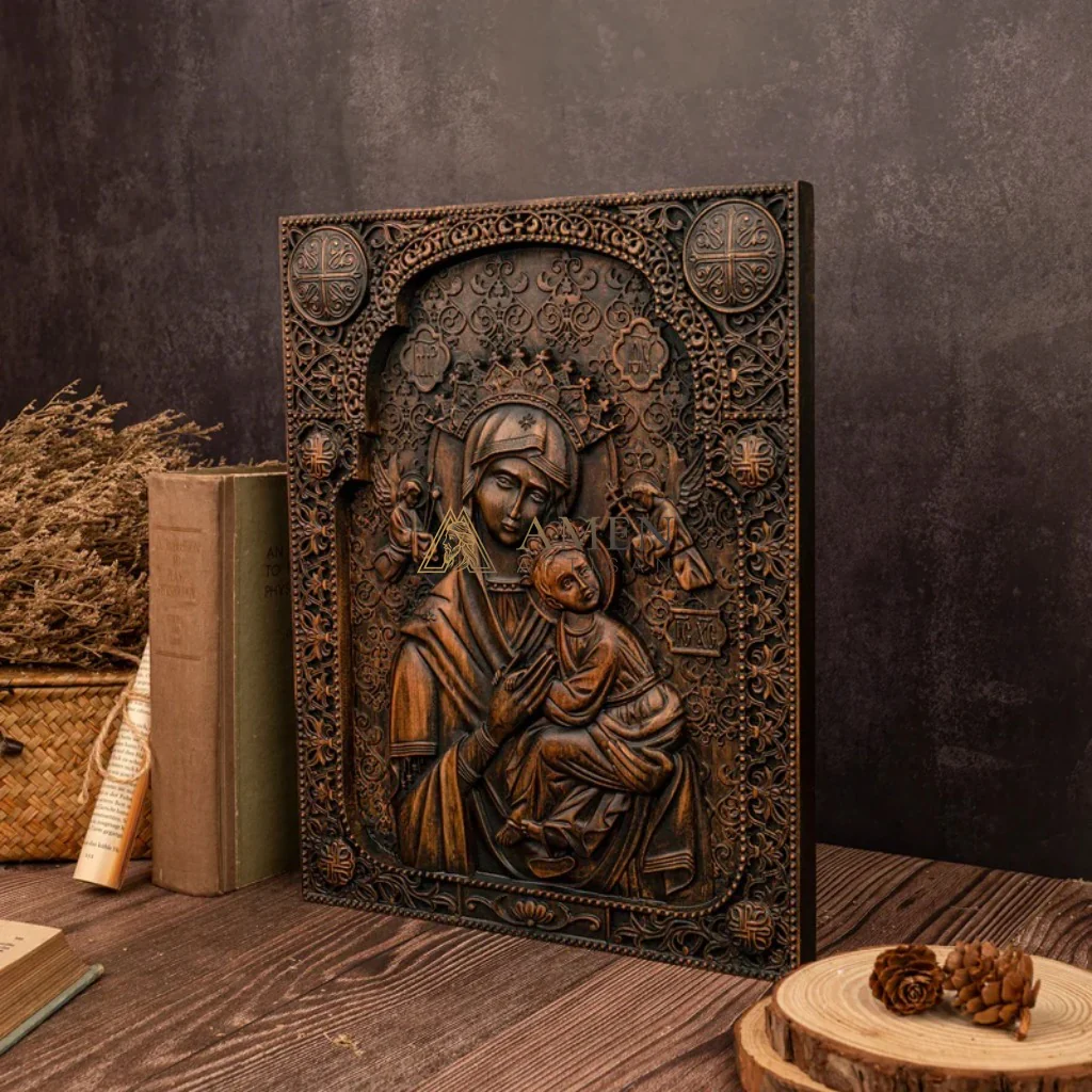 Our Lady of Perpetual Wood Carving Amen Artisan - Image 2