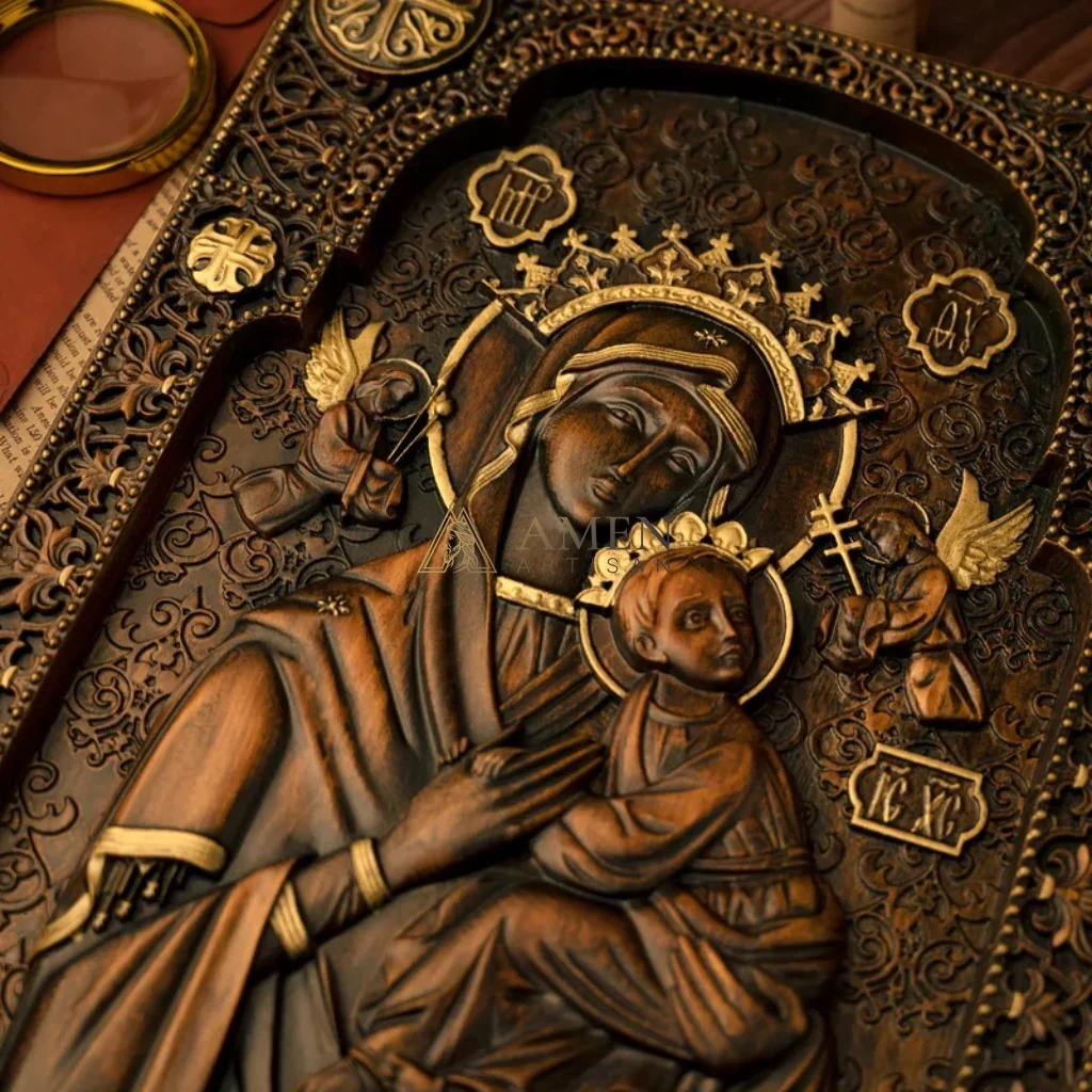Our Lady of Perpetual Wood Carving Amen Artisan - Image 5