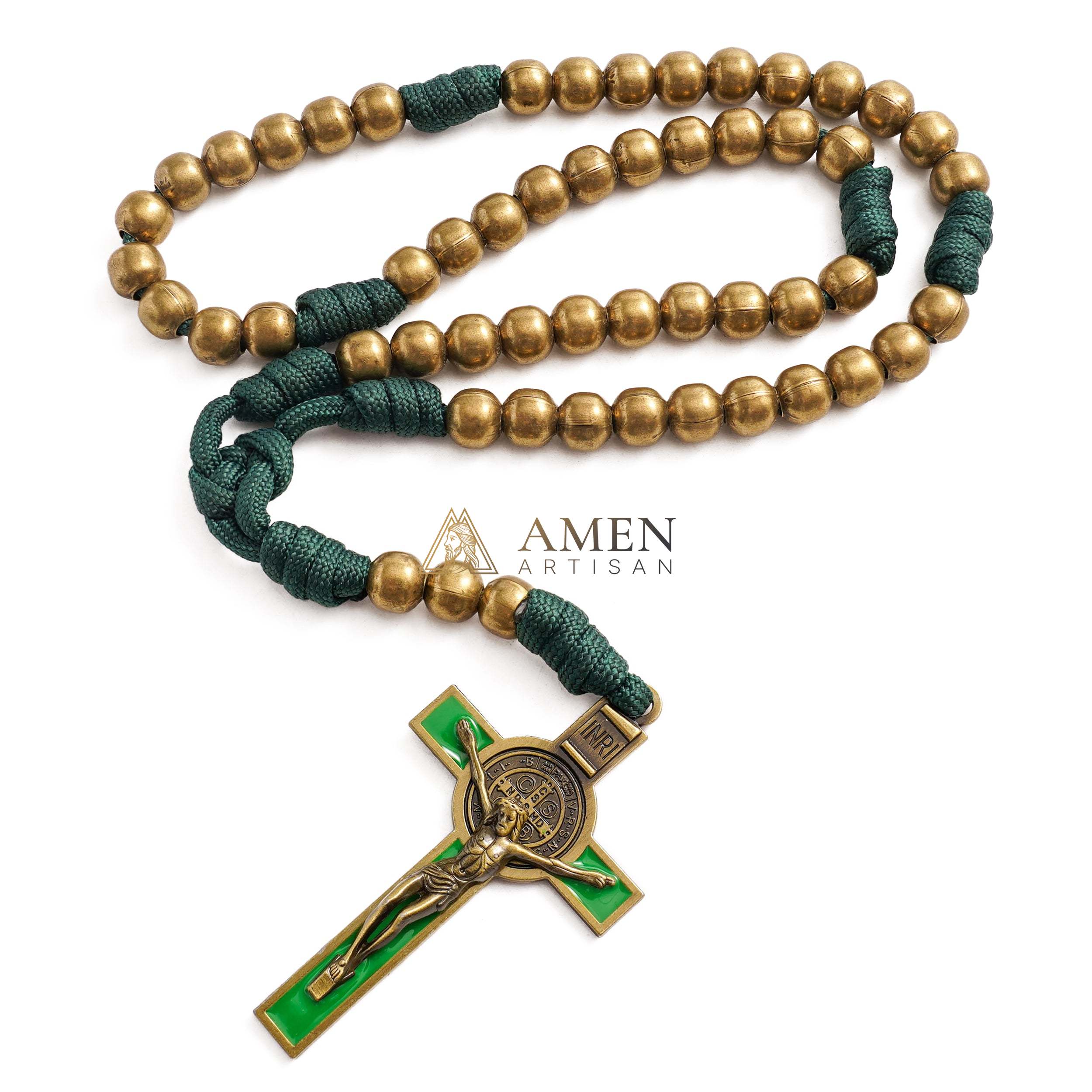 Military-Grade Paracord Rosary with Antique Bronze Beads & Enamel Crucifix Amen Artisan - Image 4