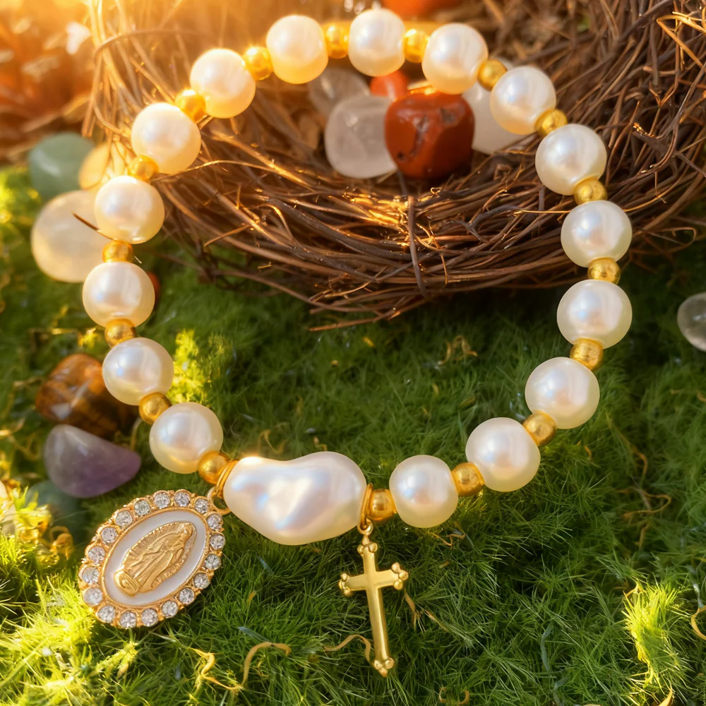 Pearl Gold Virgin Mary Diamond-Studded Cross Elastic Bracelet Amen Artisan - Image 2