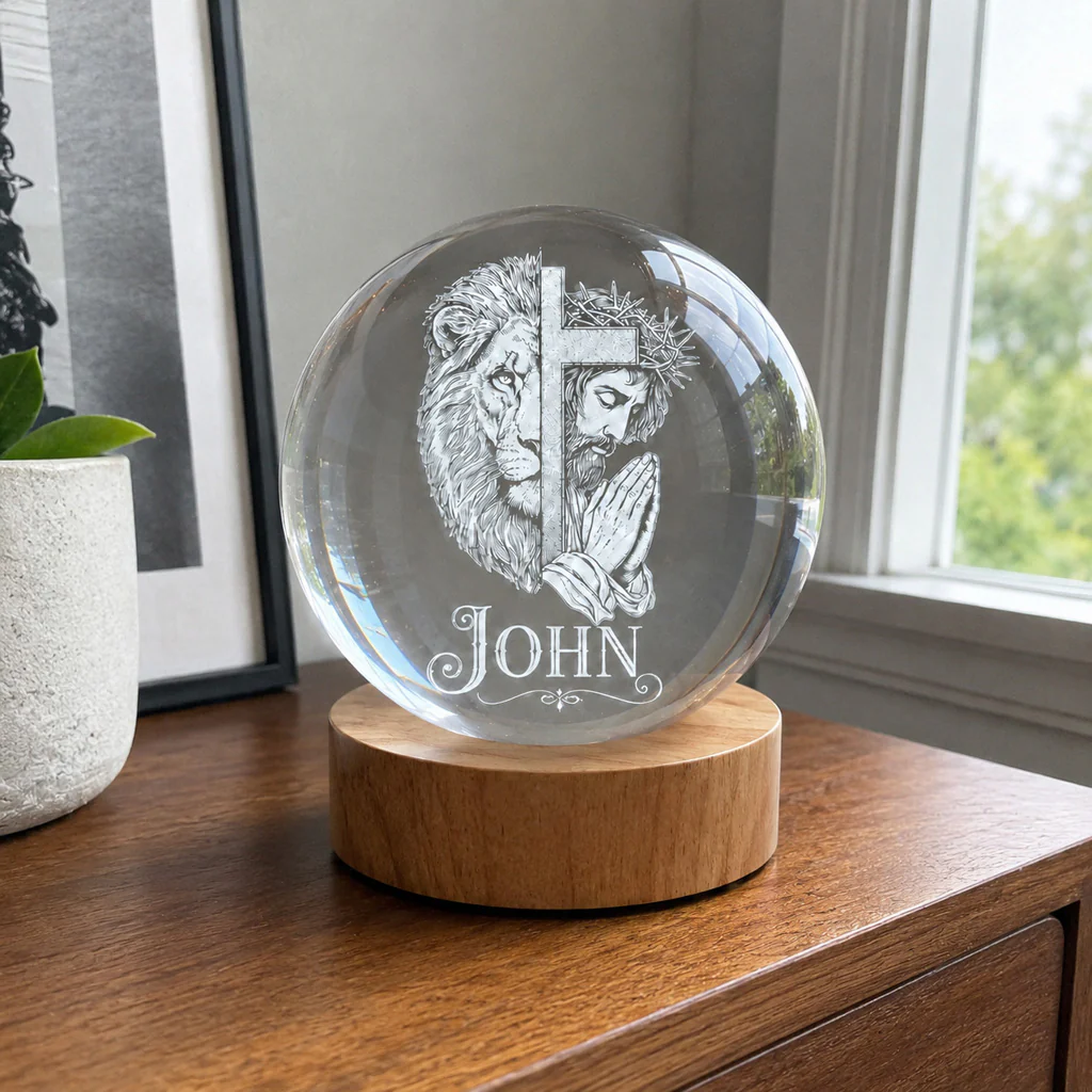 【Deal Today】Personalized Christian Crystal Night Light with Lion, Cross, and Jesus — Strength - Image 4