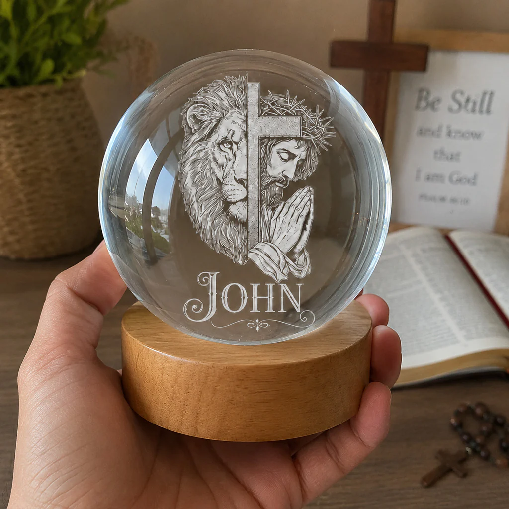 【Deal Today】Personalized Christian Crystal Night Light with Lion, Cross, and Jesus — Strength - Image 6