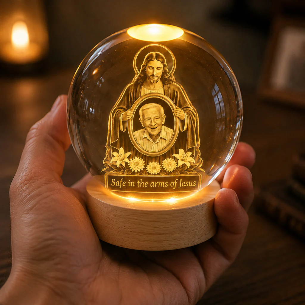 Personalized Christian Memorial Crystal Night Light with Photo - Image 3