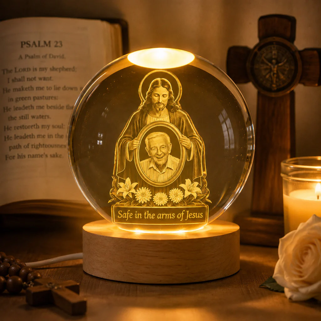 Personalized Christian Memorial Crystal Night Light with Photo - Image 4