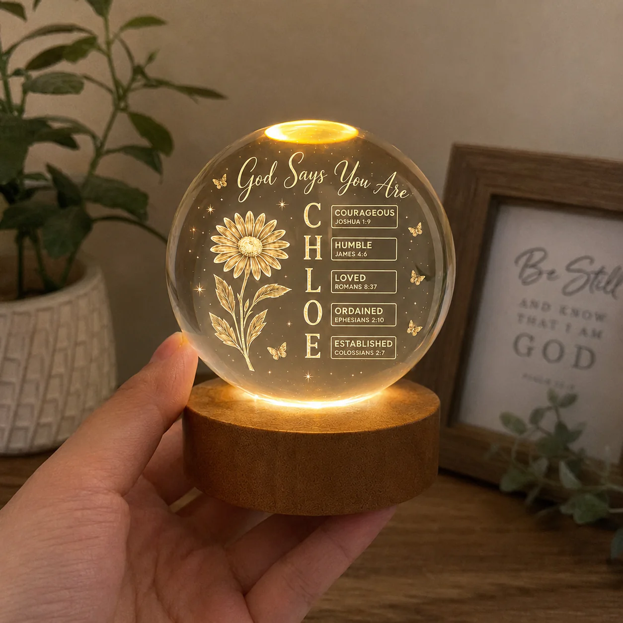 【Deal Today】Personalized Crystal Ball Night Light with Name, Birth Flower & Bible Verse — Custom Christian 3D Engraved Keepsake Gift - Image 3