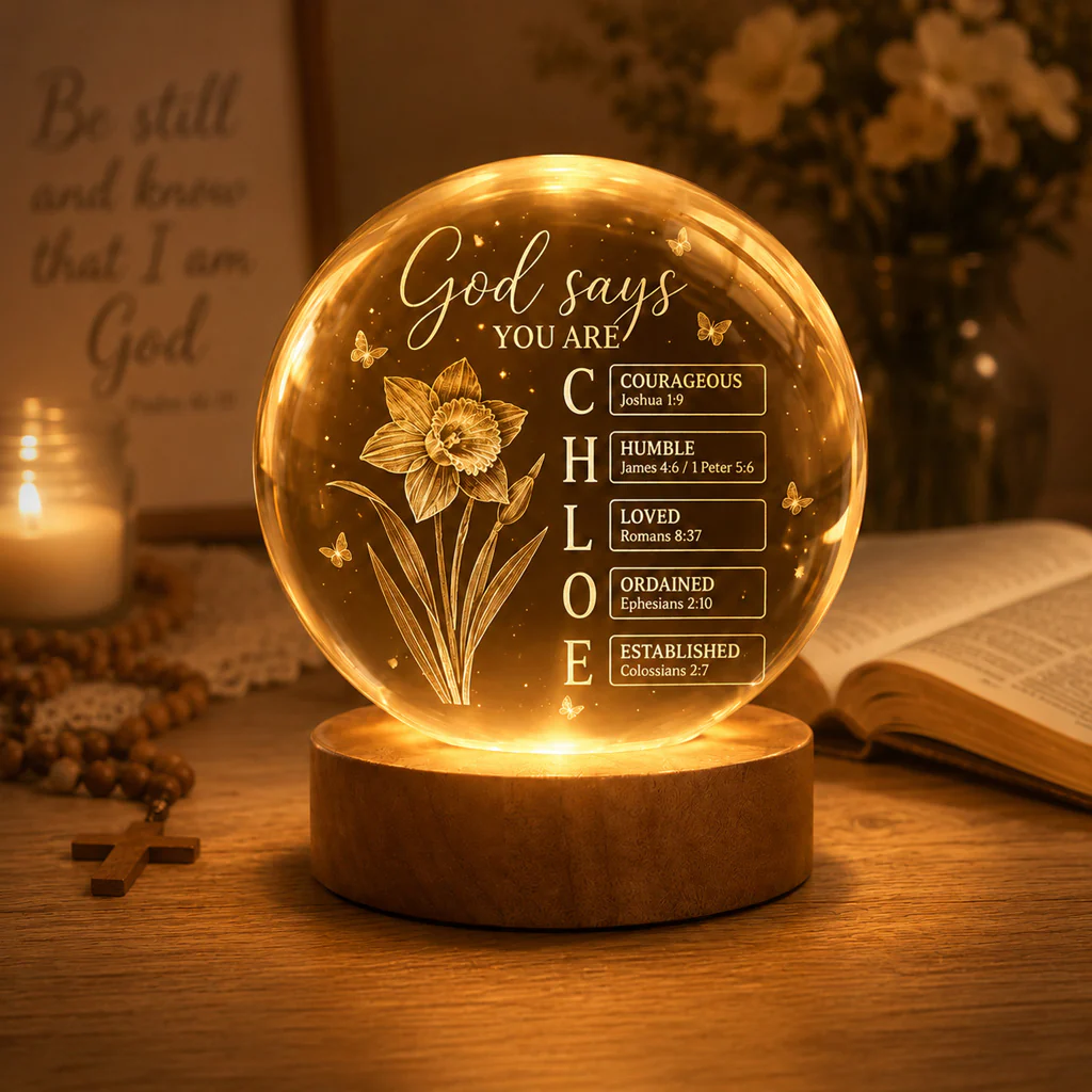 【Deal Today】Personalized Crystal Ball Night Light with Name, Birth Flower & Bible Verse — Custom Christian 3D Engraved Keepsake Gift - Image 4
