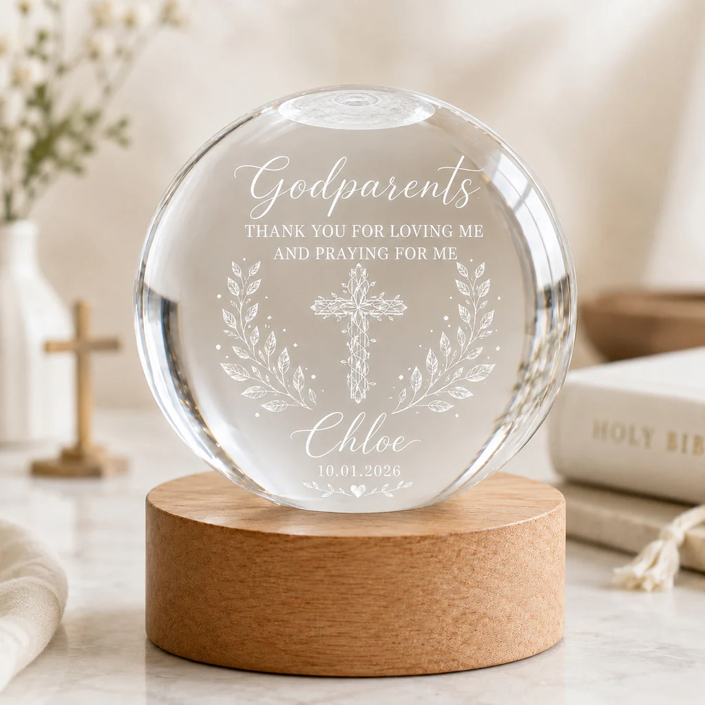 【Deal Today】Personalized Godparents Crystal Night Light with Cross, Name, and Date — Faith Keepsake - Image 2