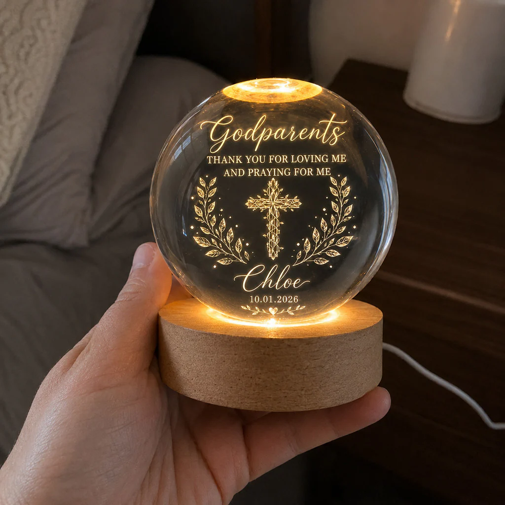 【Deal Today】Personalized Godparents Crystal Night Light with Cross, Name, and Date — Faith Keepsake - Image 3
