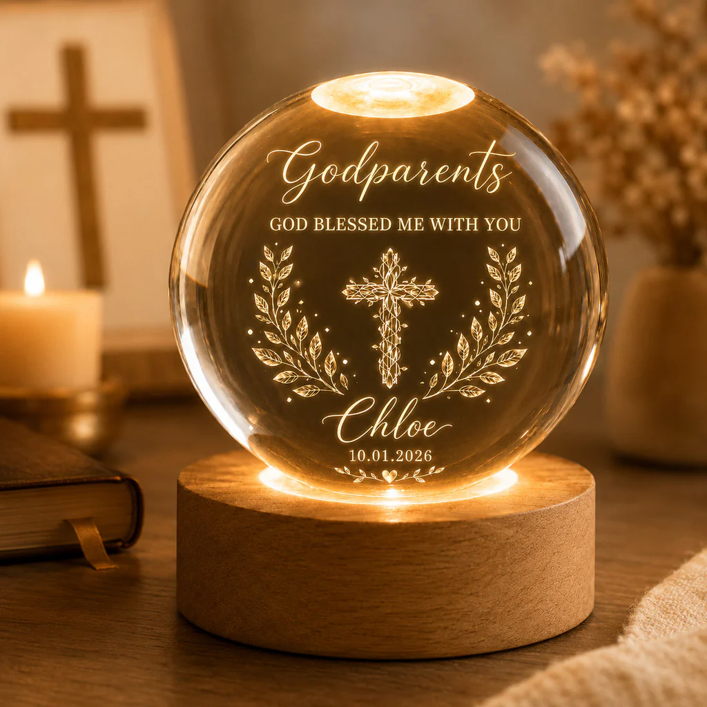 【Deal Today】Personalized Godparents Crystal Night Light with Cross, Name, and Date — Faith Keepsake - Image 4