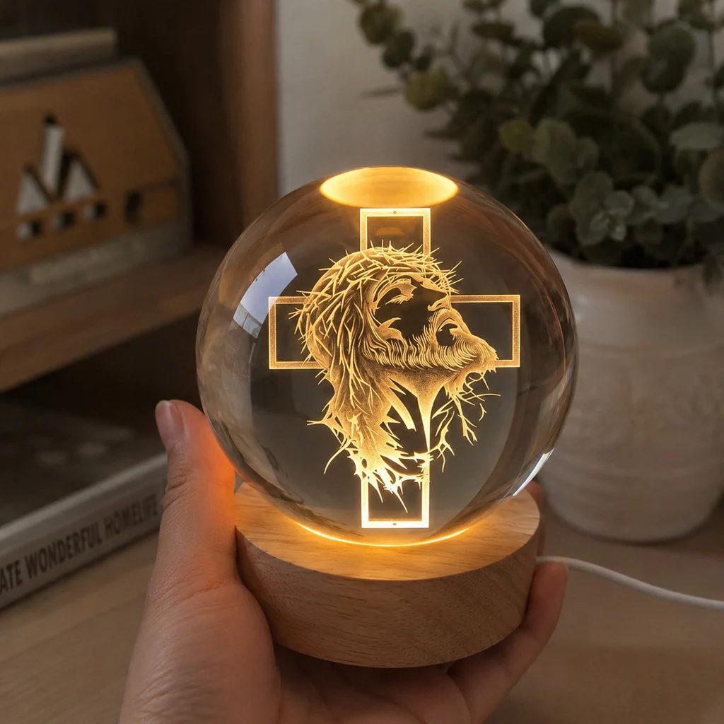 Personalized Jesus Crown of Thorns Crystal Night Light with Cross — Redemption - Image 2