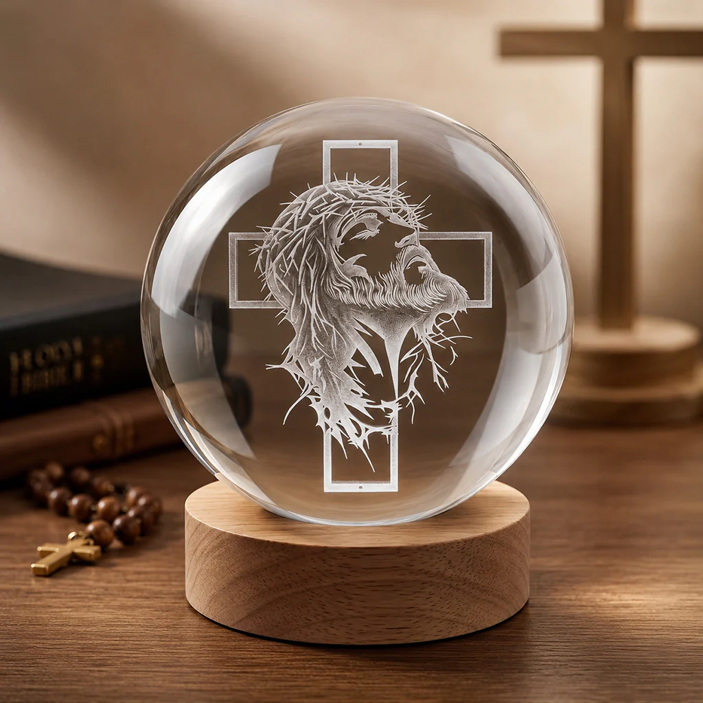 Personalized Jesus Crown of Thorns Crystal Night Light with Cross — Redemption - Image 3