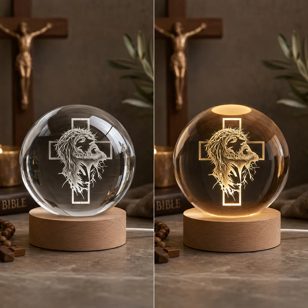 Personalized Jesus Crown of Thorns Crystal Night Light with Cross — Redemption - Image 4