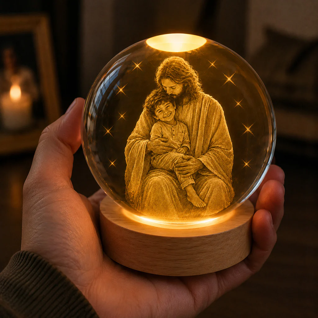 Personalized Jesus Holding a Child Crystal Globe Night Light - Image 3