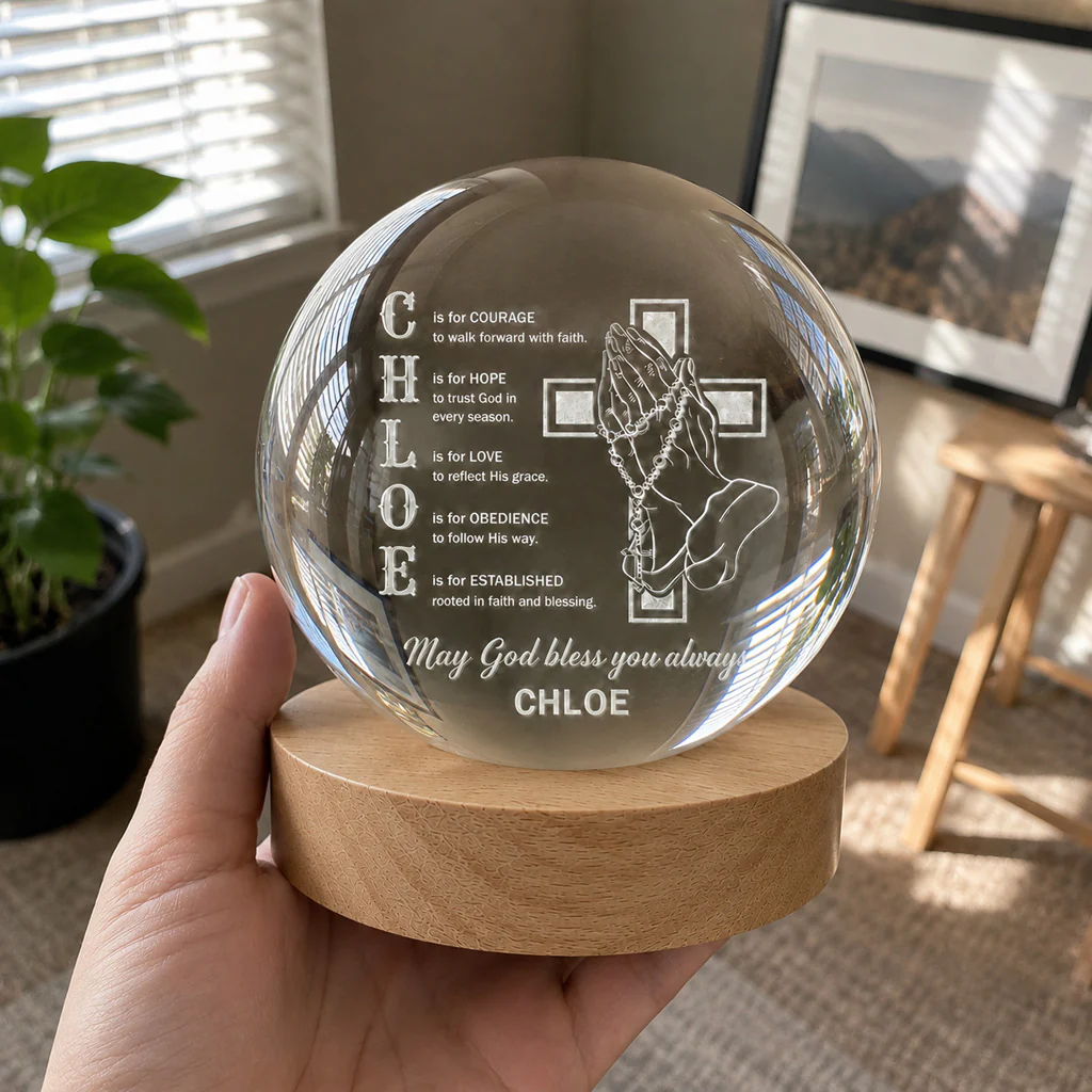 【Deal Today】Personalized Name Faith Blessing Crystal Ball Night Light with Praying Hands & Cross Design — Blessing - Image 3