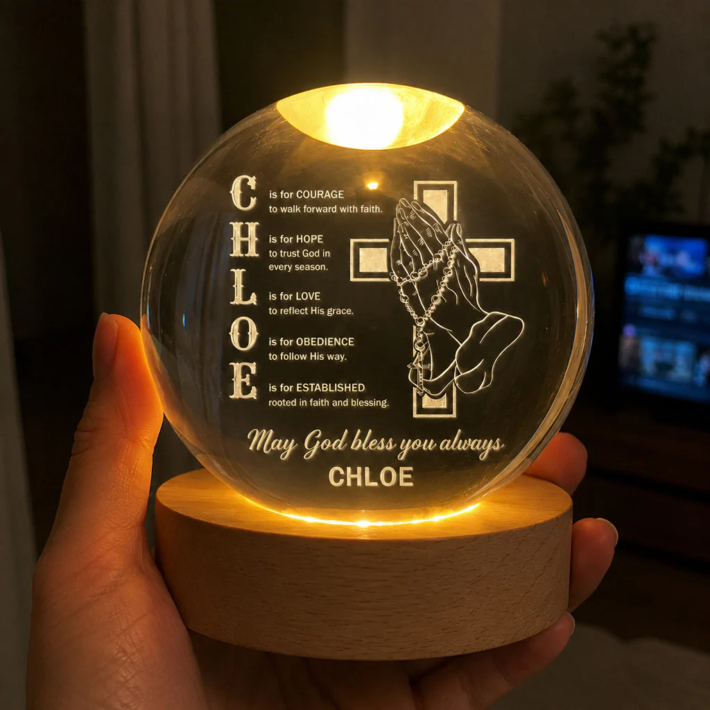 【Deal Today】Personalized Name Faith Blessing Crystal Ball Night Light with Praying Hands & Cross Design — Blessing - Image 4