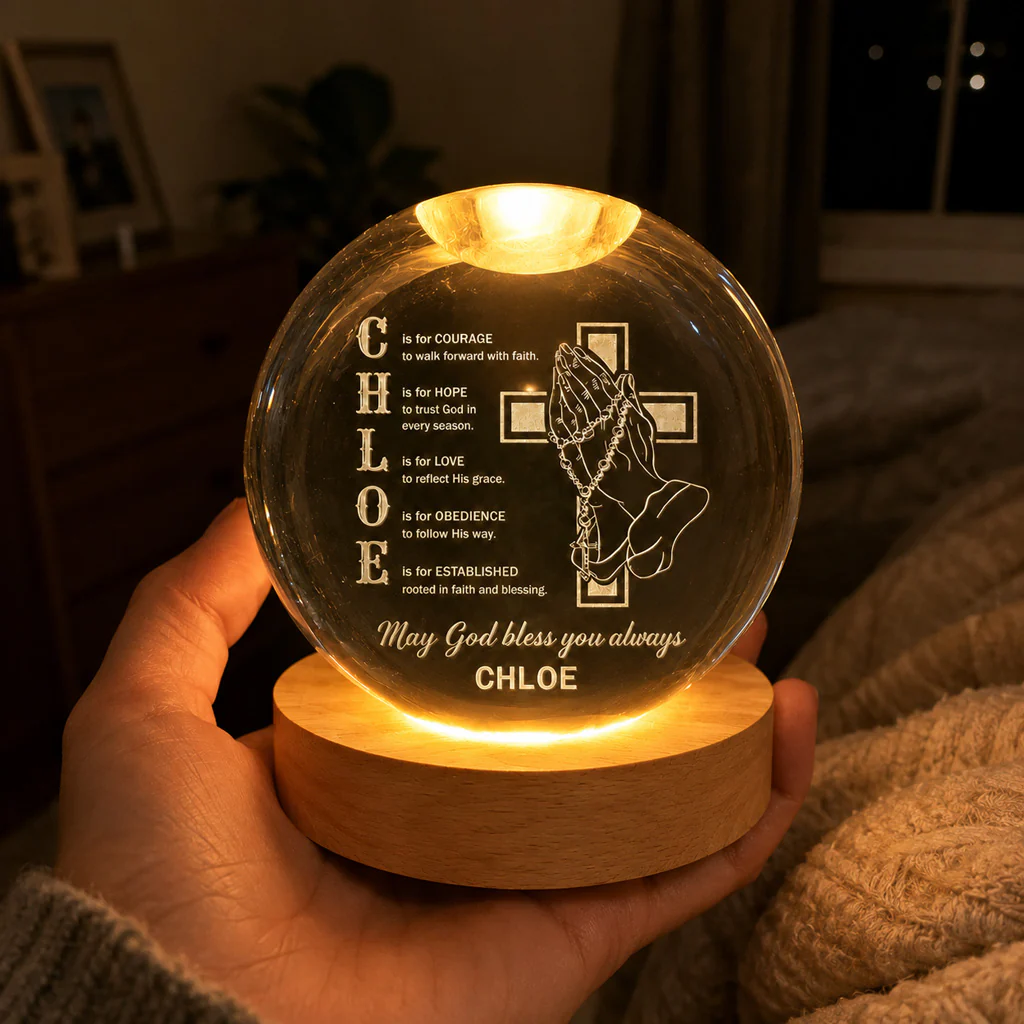 【Deal Today】Personalized Name Faith Blessing Crystal Ball Night Light with Praying Hands & Cross Design — Blessing - Image 6