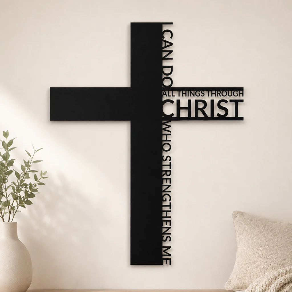 Philippians 4:13 Metal Cross Wall Art with Scripture Design — Strength