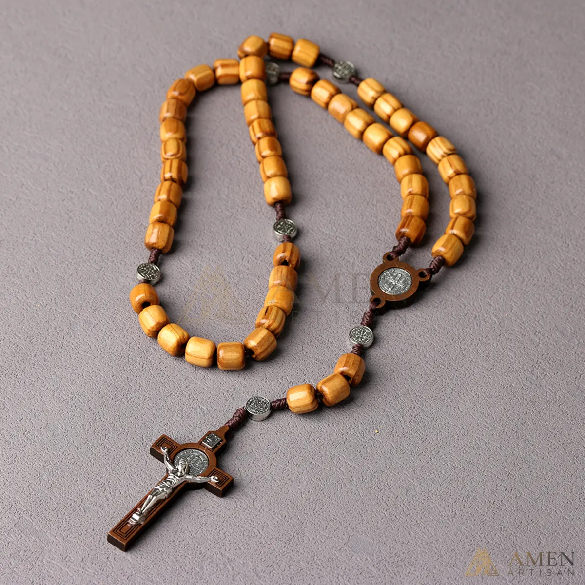 Pine Wood Rosary with Saint Benedict Medal Amen Artisan - Image 3