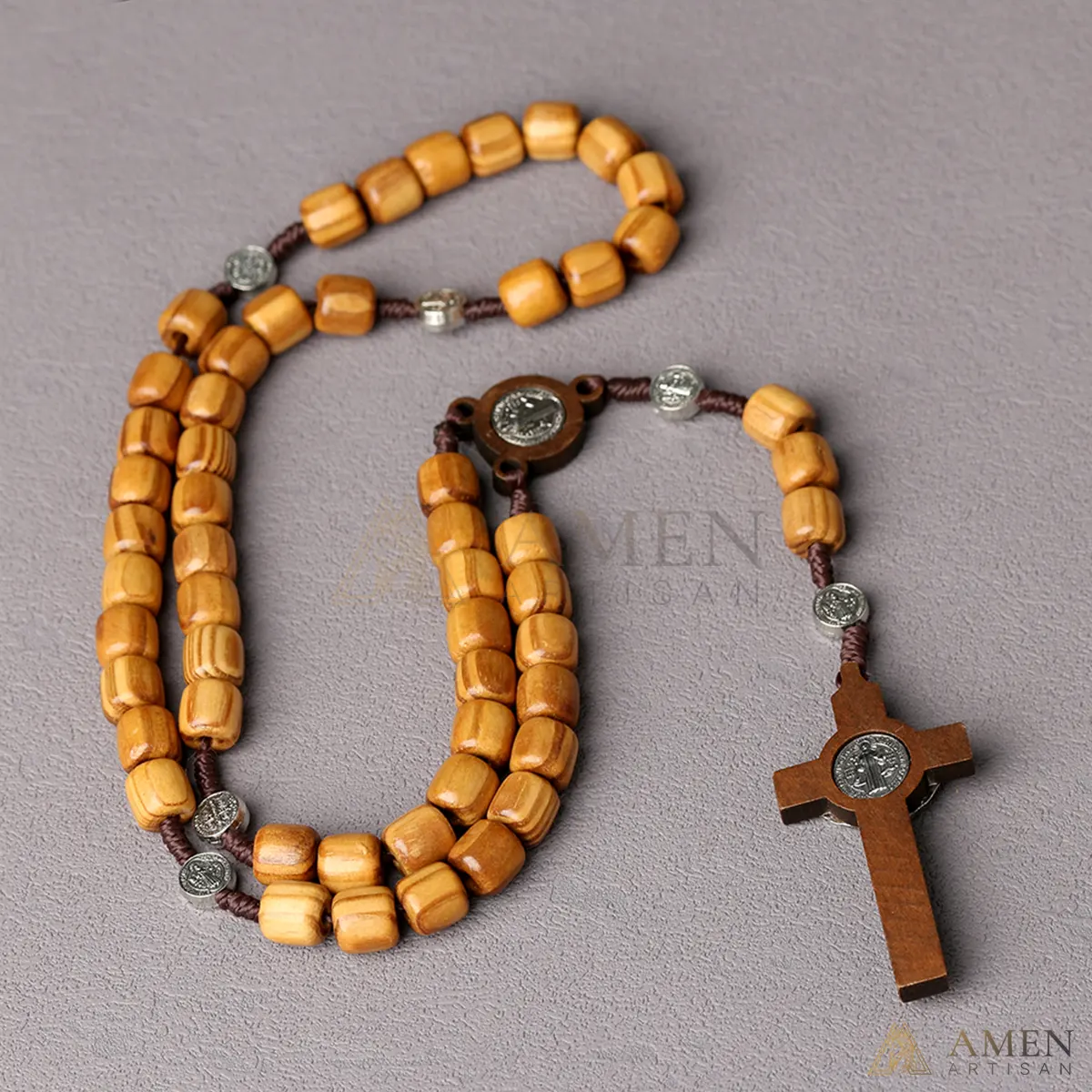 Pine Wood Rosary with Saint Benedict Medal Amen Artisan - Image 4