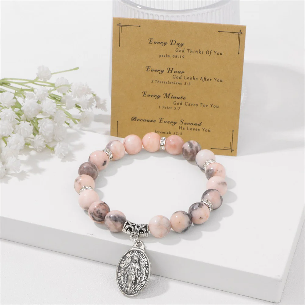 Pink and White Zebra Stone Miraculous Medal Stretch Bracelet - Image 3